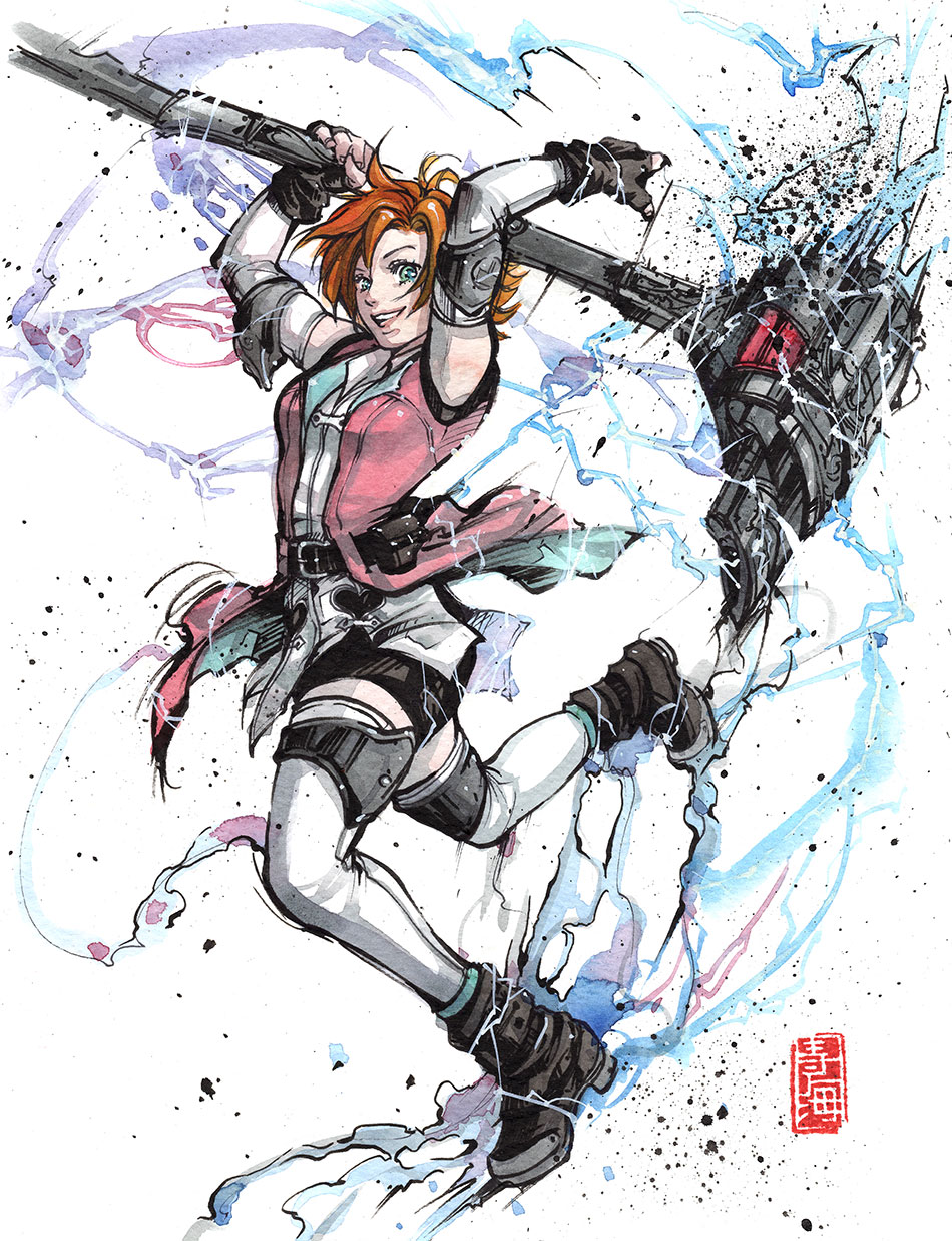 1girl black_footwear black_gloves blue_eyes boots breasts elbow_gloves electricity english_commentary from_side gloves hammer high_heel_boots high_heels highres holding holding_hammer medium_breasts mycks nora_valkyrie orange_hair rwby short_hair smile thigh-highs traditional_media watercolor_(medium)