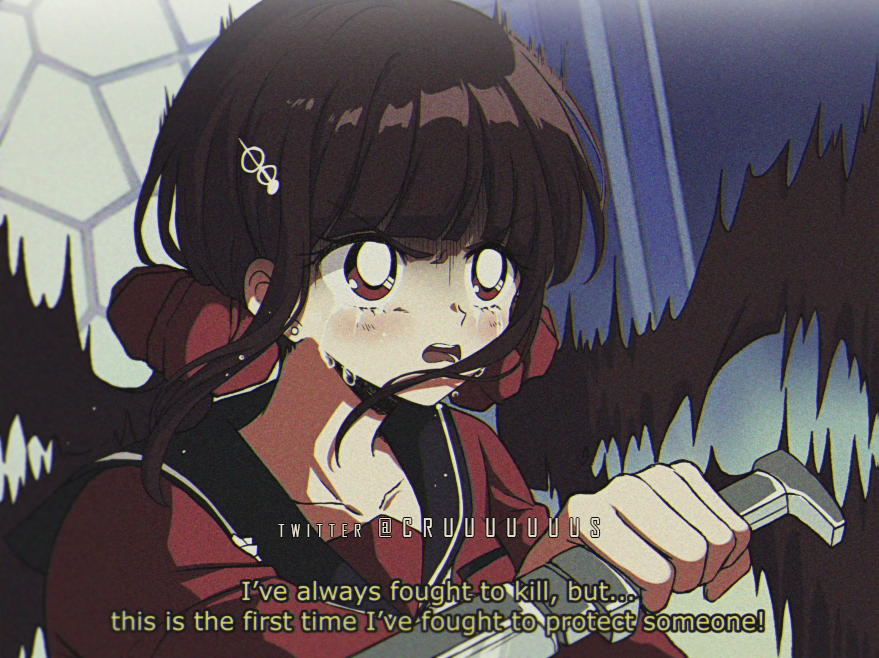 1girl bangs blunt_bangs collarbone commentary criis-chan crying crying_with_eyes_open dangan_ronpa_(series) dangan_ronpa_v3:_killing_harmony earrings english_text hair_ornament hairclip harukawa_maki holding holding_knife jewelry knife long_hair mole open_mouth red_eyes red_scrunchie school_uniform scrunchie serafuku shirt solo subtitled tears teeth trembling twintails twitter_username upper_body watermark weapon