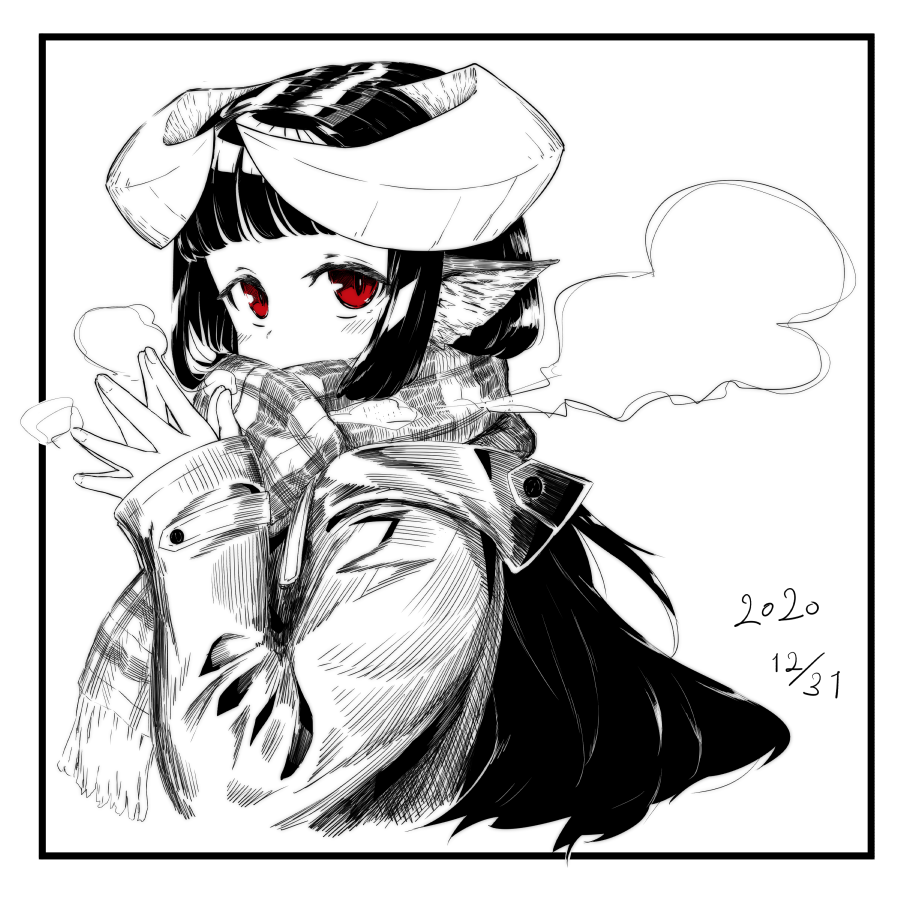 1girl animal_ears blush breath coat commentary_request covered_mouth cropped_torso curled_horns dated fringe_trim hands_up horned_girl_(jaco) horns jaco long_hair long_sleeves looking_at_viewer monochrome original red_eyes scarf sleeves_past_wrists solo spot_color steepled_fingers upper_body very_long_hair white_background