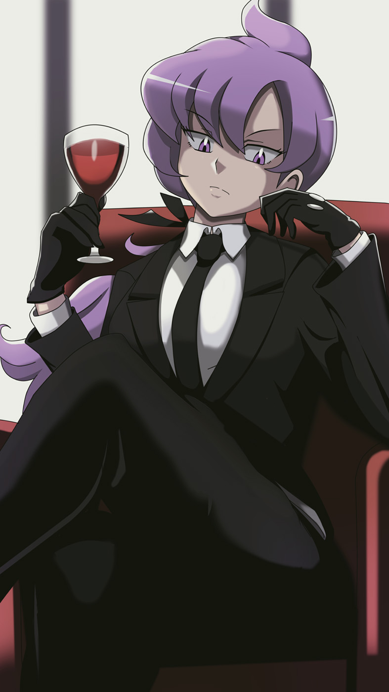 1girl alcohol anabel_(pokemon) couch crossed_legs formal frown gloves highres necktie pants pokemon pokemon_(game) pokemon_sm ponytail purple_hair ribbon sitting solo suit violet_eyes vivivoovoo wine