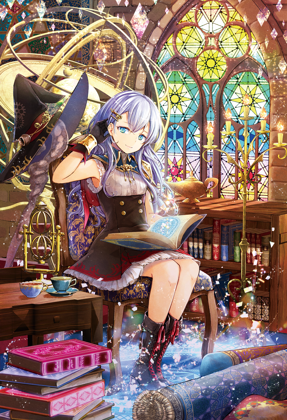 1girl black_dress black_gloves blouse blue_capelet blue_eyes book bookshelf bun_cover candle candlestand capelet carpet celestial_sphere closed_mouth cup dress full_body gloves goggles goggles_on_headwear hair_ornament hairclip hat hat_removed headwear_removed highres kimi_wa_shinenai_hai_kaburi_no_majo linaria_sentier looking_at_viewer official_art oil_lamp silver_hair sleeveless sleeveless_dress solo stained_glass takeda_hotaru teacup underbust white_blouse witch_hat