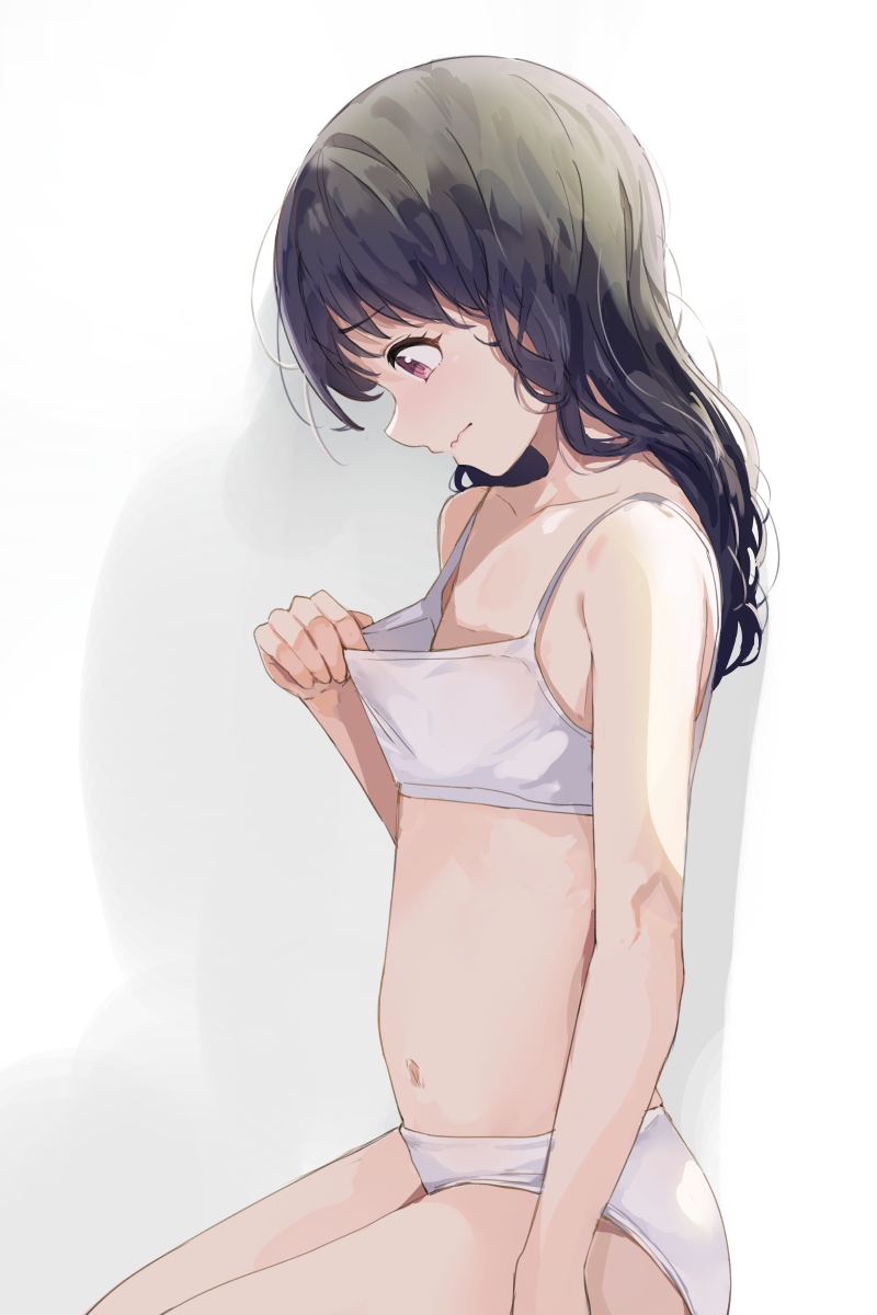 1girl arm_at_side bare_arms bare_shoulders black_hair blush bra breast_conscious closed_mouth collarbone commentary_request duplicate flat_chest fukumaru_koito highres hiroki_(yyqw7151) idolmaster idolmaster_shiny_colors long_hair looking_down navel panties sitting solo stomach two-tone_background underwear underwear_only violet_eyes white_bra white_panties