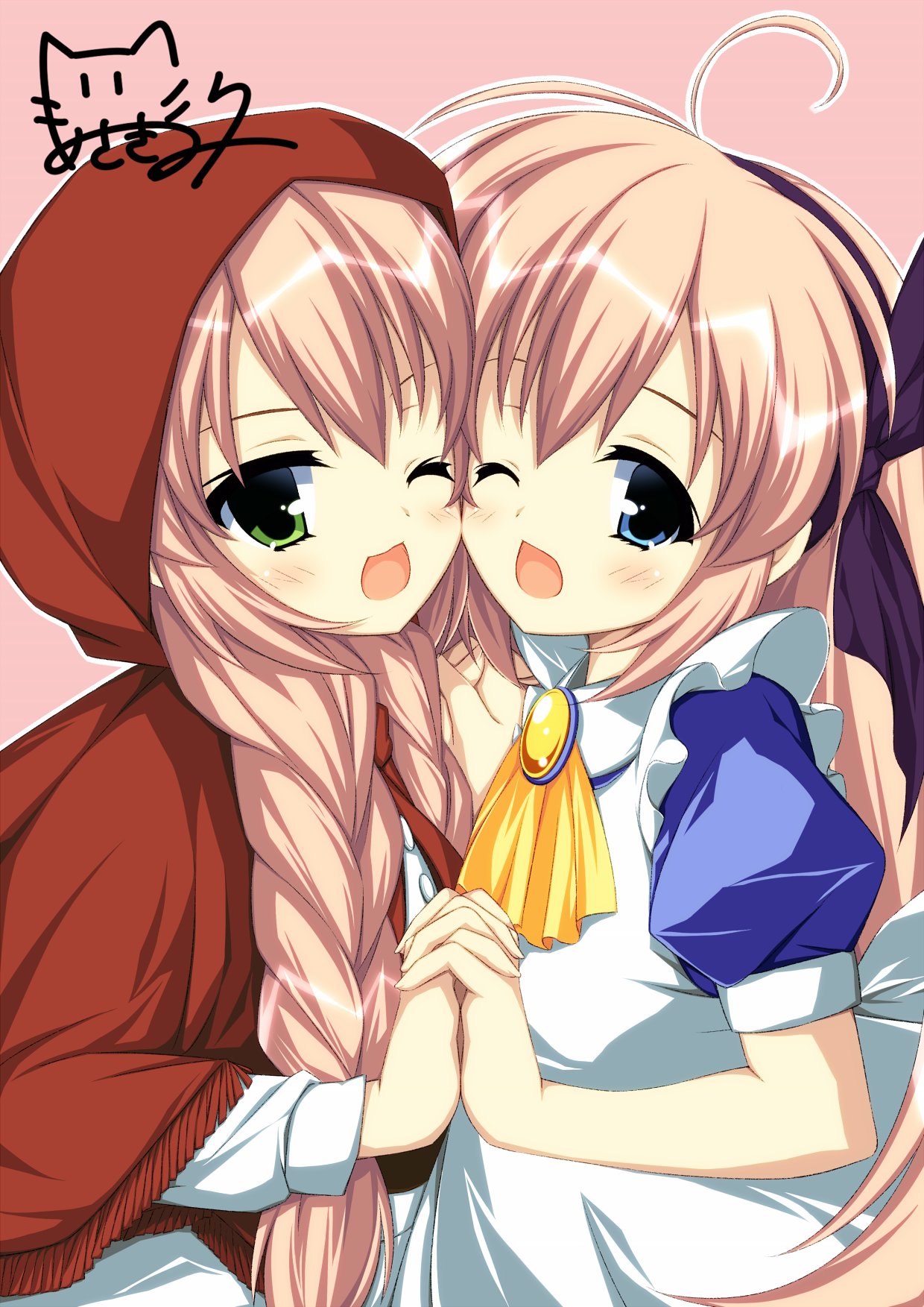 2girls ahoge apron asagi_nanami blue_dress blue_eyes braid capelet cheek-to-cheek commentary_request dress face-to-face green_eyes hairband hajimete_no_orusuban highres holding_hands hood long_hair mizuki_saori mizuki_shiori multiple_girls official_art one_eye_closed open_mouth pink_hair ribbon siblings sisters smile twin_braids twins twintails white_apron