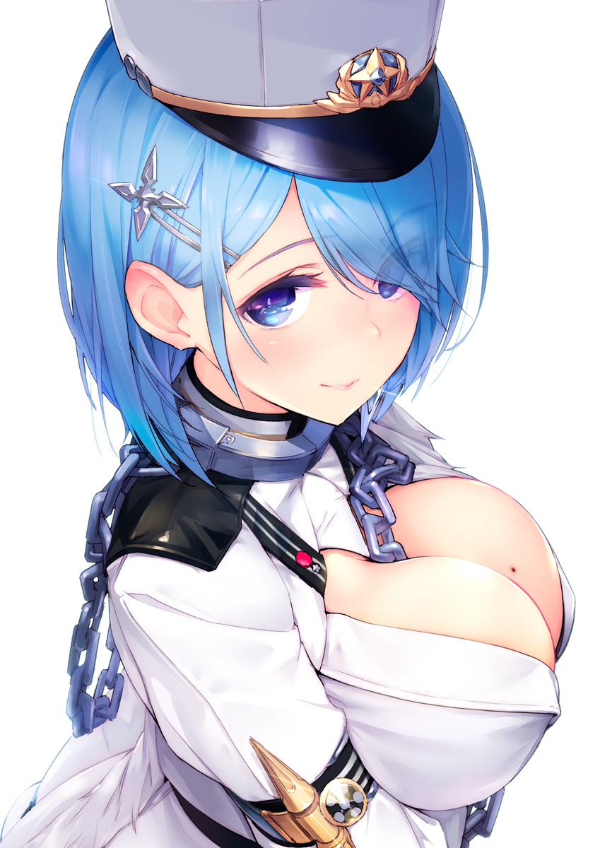 1girl azumi_akitake azur_lane blue_eyes blue_hair blush breast_hold breasts chain chapayev_(azur_lane) ears hair_ornament hat highres huge_breasts looking_at_viewer looking_up military military_uniform mole mole_on_breast short_hair smile uniform upper_body white_background