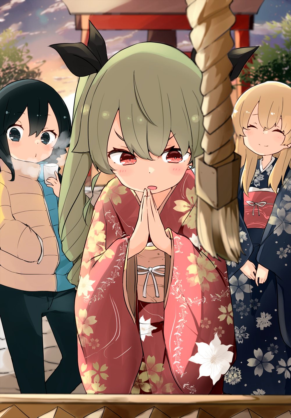 3girls anchovy_(girls_und_panzer) bangs barashiya black_eyes black_hair black_kimono black_pants black_ribbon blonde_hair blowing blue_sky blurry blurry_background blurry_foreground box braid carpaccio_(girls_und_panzer) closed_eyes closed_mouth clouds cloudy_sky commentary cup depth_of_field disposable_cup donation_box drill_hair floral_print furisode girls_und_panzer gradient_sky green_hair green_jacket hair_ribbon hand_in_pocket hands_together hatsumoude highres holding holding_cup jacket japanese_clothes kimono long_hair looking_at_viewer multiple_girls new_year obi open_mouth orange_sky outdoors pants parted_lips pepperoni_(girls_und_panzer) praying print_kimono red_eyes red_kimono ribbon rope sash short_hair side_braid sky smile standing steam stone_floor tree twilight twin_drills twintails two-tone_jacket v_arms wide_sleeves yellow_jacket