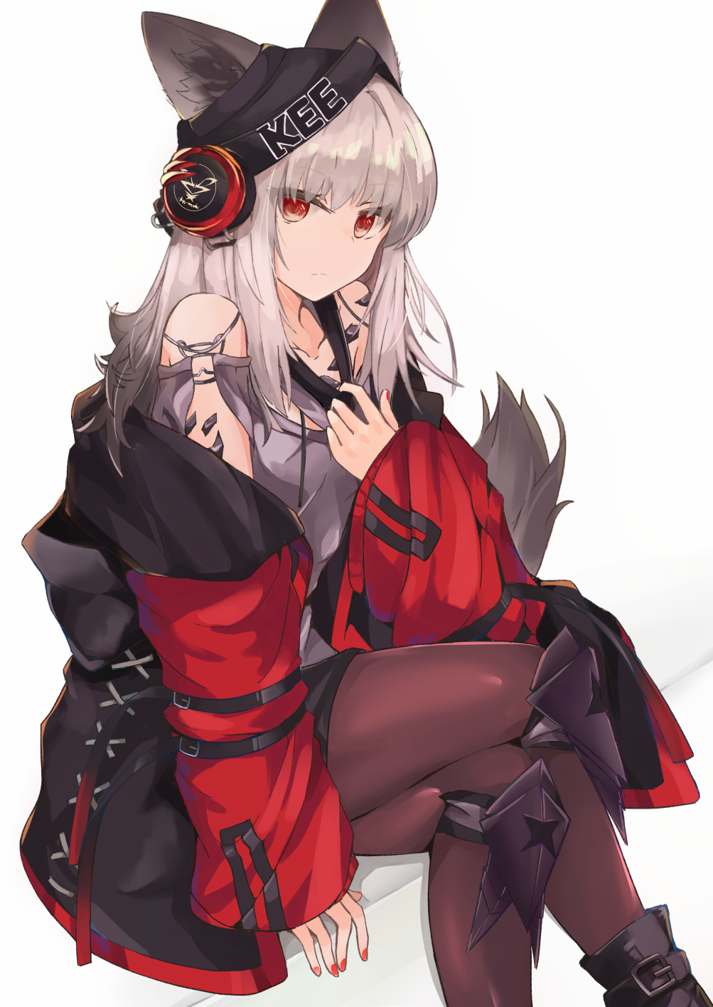 1girl akasabi animal_ears arknights bangs bare_shoulders black_headwear breasts crossed_legs feet_out_of_frame fox_ears frostleaf_(arknights) grey_shirt hat headphones highres jacket knee_pads long_hair nail_polish off_shoulder open_clothes open_jacket oripathy_lesion_(arknights) pantyhose red_eyes red_jacket red_nails shirt silver_hair sitting solo tail