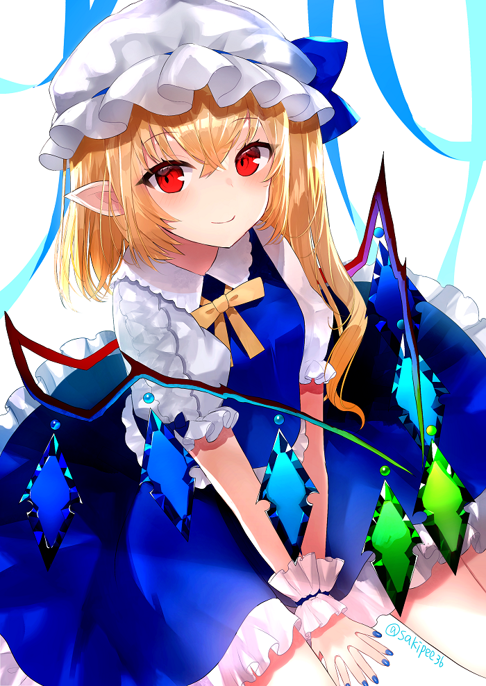 1girl alternate_color alternate_neckwear between_legs blonde_hair blue_nails blue_ribbon blue_skirt blue_vest commentary_request eyebrows_visible_through_hair fingernails flandre_scarlet hair_between_eyes hand_between_legs hat hat_ribbon light_blush looking_at_viewer mob_cap nail_polish one_side_up own_hands_together partial_commentary petticoat pointy_ears puffy_short_sleeves puffy_sleeves red_eyes ribbon sakizaki_saki-p shiny shiny_hair shirt short_hair short_sleeves simple_background sitting skirt smile solo touhou twitter_username vest wariza white_background white_headwear white_shirt wings wrist_cuffs yellow_neckwear yellow_ribbon