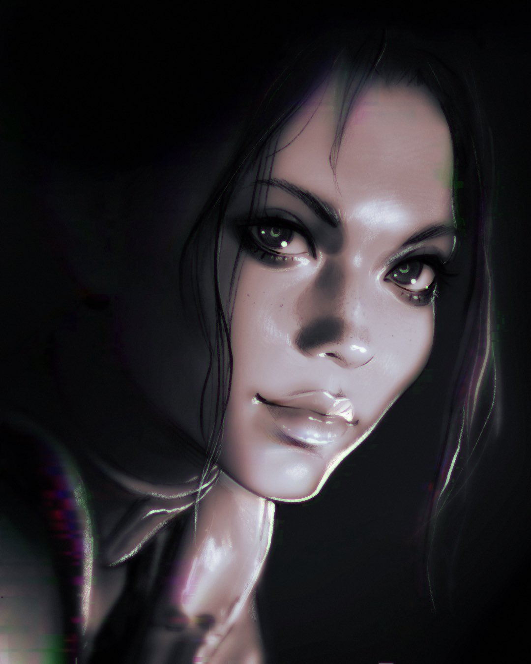 1girl bare_shoulders black_background black_hair choker close-up cyberpunk_2077 grey_eyes greyscale highres ilya_kuvshinov light_smile looking_at_viewer monochrome panam_palmer realistic sidelocks solo tied_hair