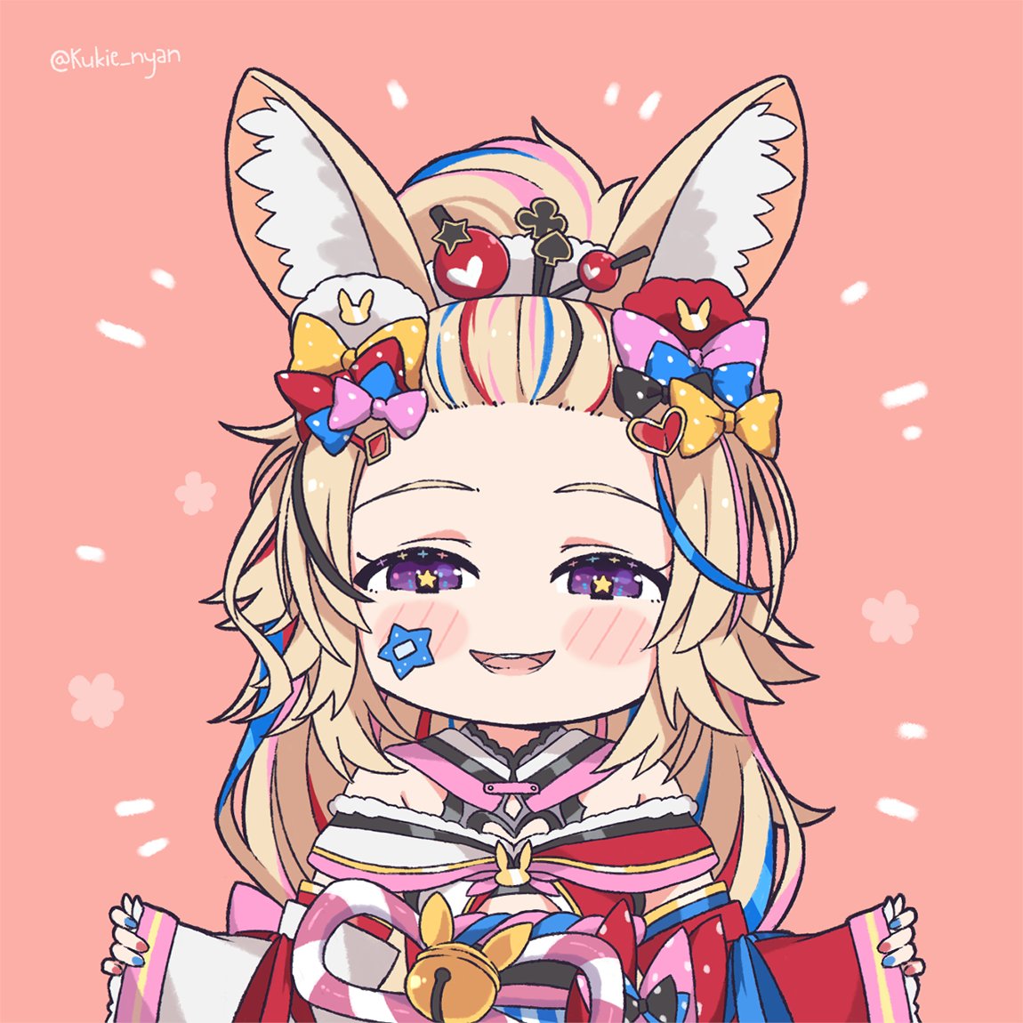 +_+ 1girl animal_ear_fluff animal_ears bandaid bandaid_on_face blush_stickers bow chibi commentary_request forehead hair_bow hair_ornament hairpin hololive japanese_clothes kimono kukie-nyan multicolored multicolored_clothes multicolored_hair multicolored_nails omaru_polka polka_dot polka_dot_bow sidelocks sleeveless sleeveless_kimono solo star-shaped_pupils star_(symbol) streaked_hair symbol-shaped_pupils twitter_username violet_eyes virtual_youtuber