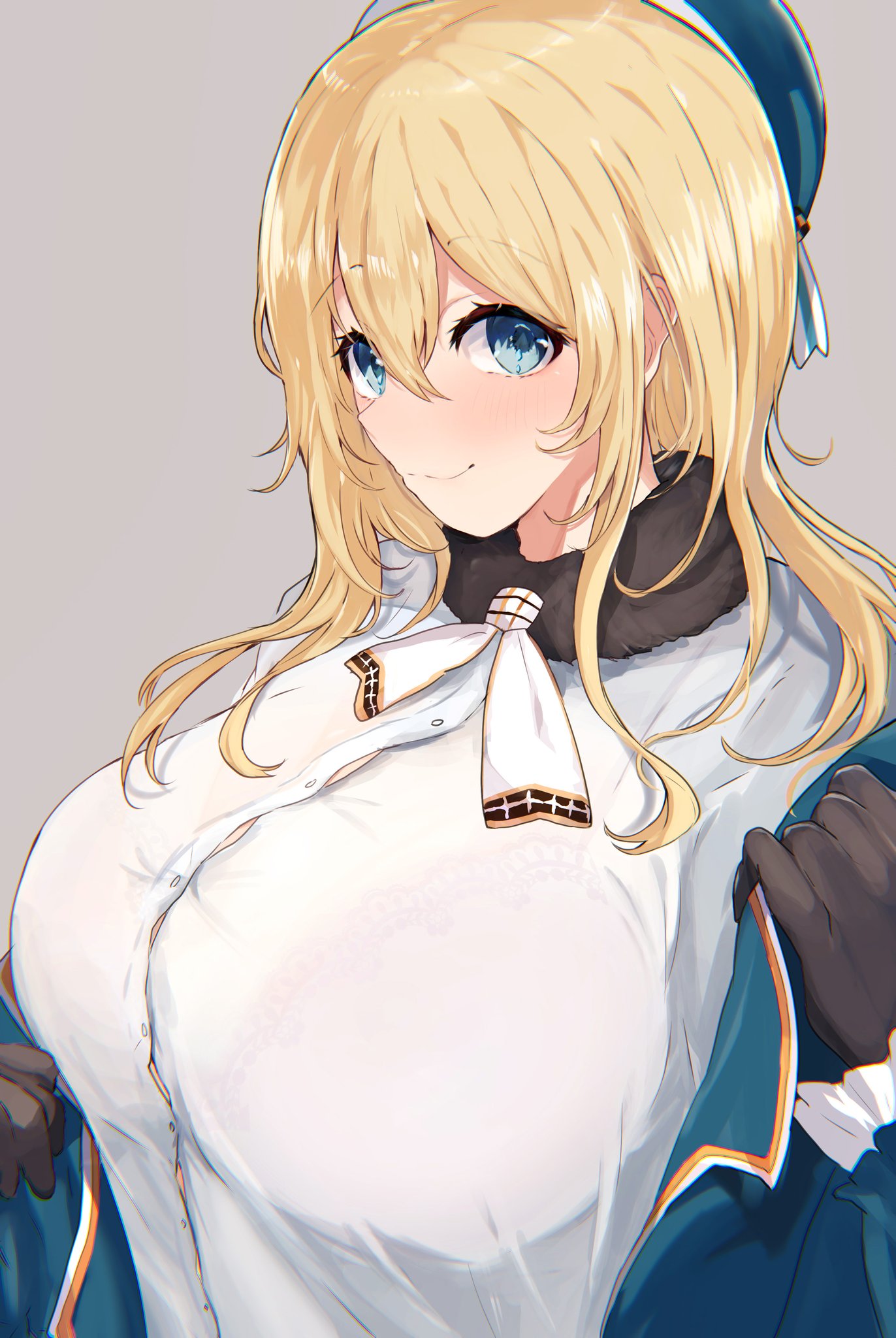 1girl atago_(kantai_collection) black_gloves blonde_hair blue_eyes blush breasts closed_mouth gloves grey_background hair_between_eyes hat highres kantai_collection large_breasts long_hair looking_at_viewer miyako_(00727aomiyako) see-through simple_background smile underwear upper_body