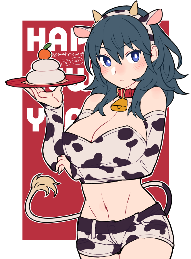 1girl 2021 animal_ears animal_print bikini bikini_top blue_eyes blue_hair blush breasts byleth_(fire_emblem) byleth_eisner_(female) cow_ears cow_print do_m_kaeru fire_emblem fire_emblem:_three_houses large_breasts long_hair looking_at_viewer medium_hair milk navel solo super_smash_bros. swimsuit