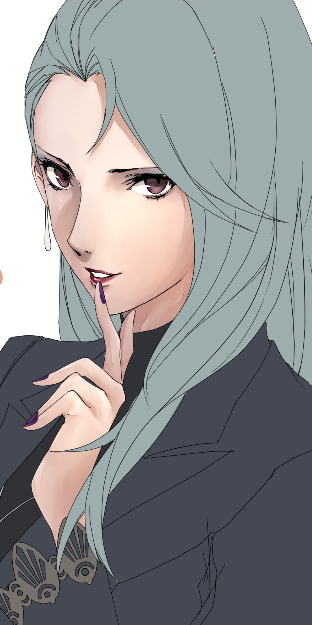 1girl black_nails blazer brown_eyes commentary_request ctg_999 earrings finger_to_mouth grey_blazer hair_behind_ear highres jacket jewelry long_hair nail_polish niijima_sae parted_lips persona persona_5 silver_hair turtleneck white_background