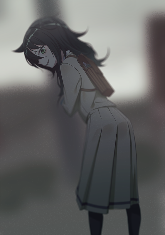 1girl backpack bag bangs black_hair black_legwear blurry blurry_background commentary donuttypd from_behind green_eyes happy jacket kuroki_tomoko leaning_forward long_hair long_sleeves looking_at_viewer looking_back open_mouth outdoors pantyhose pleated_skirt school_uniform shiny shiny_hair shirt skirt smile solo standing watashi_ga_motenai_no_wa_dou_kangaetemo_omaera_ga_warui! white_shirt yellow_jacket yellow_skirt