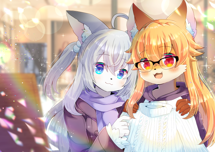 2girls :d ahoge animal_ear_fluff animal_ears aran_sweater bangs black-framed_eyewear black_jacket blonde_hair blue_eyes blurry blurry_background blush closed_mouth commentary_request depth_of_field drawstring eyebrows_visible_through_hair fangs furry glasses hair_between_eyes hair_bobbles hair_ornament holding holding_clothes hood hood_down hoodie indoors jacket kouu_hiyoyo long_hair long_sleeves multiple_girls one_side_up open_mouth original over-rim_eyewear red_eyes ribbed_sweater semi-rimless_eyewear silver_hair sleeves_past_wrists smile sweater turtleneck turtleneck_sweater upper_body very_long_hair white_hoodie white_sweater