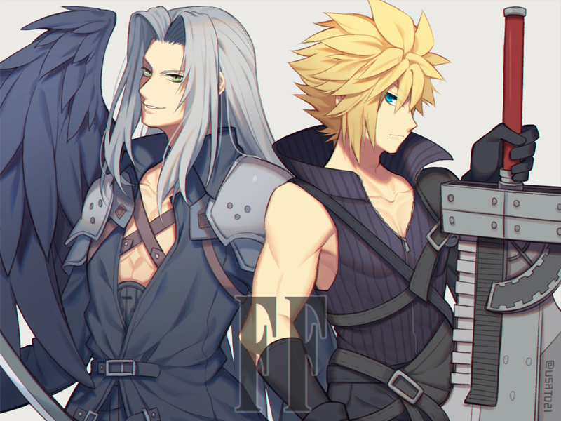 2boys blonde_hair blue_eyes buster_sword cloud_strife final_fantasy final_fantasy_vii final_fantasy_vii_advent_children green_eyes long_hair looking_at_viewer multiple_boys sephiroth short_hair smile spiky_hair super_smash_bros. sword weapon white_background wings wusagi2