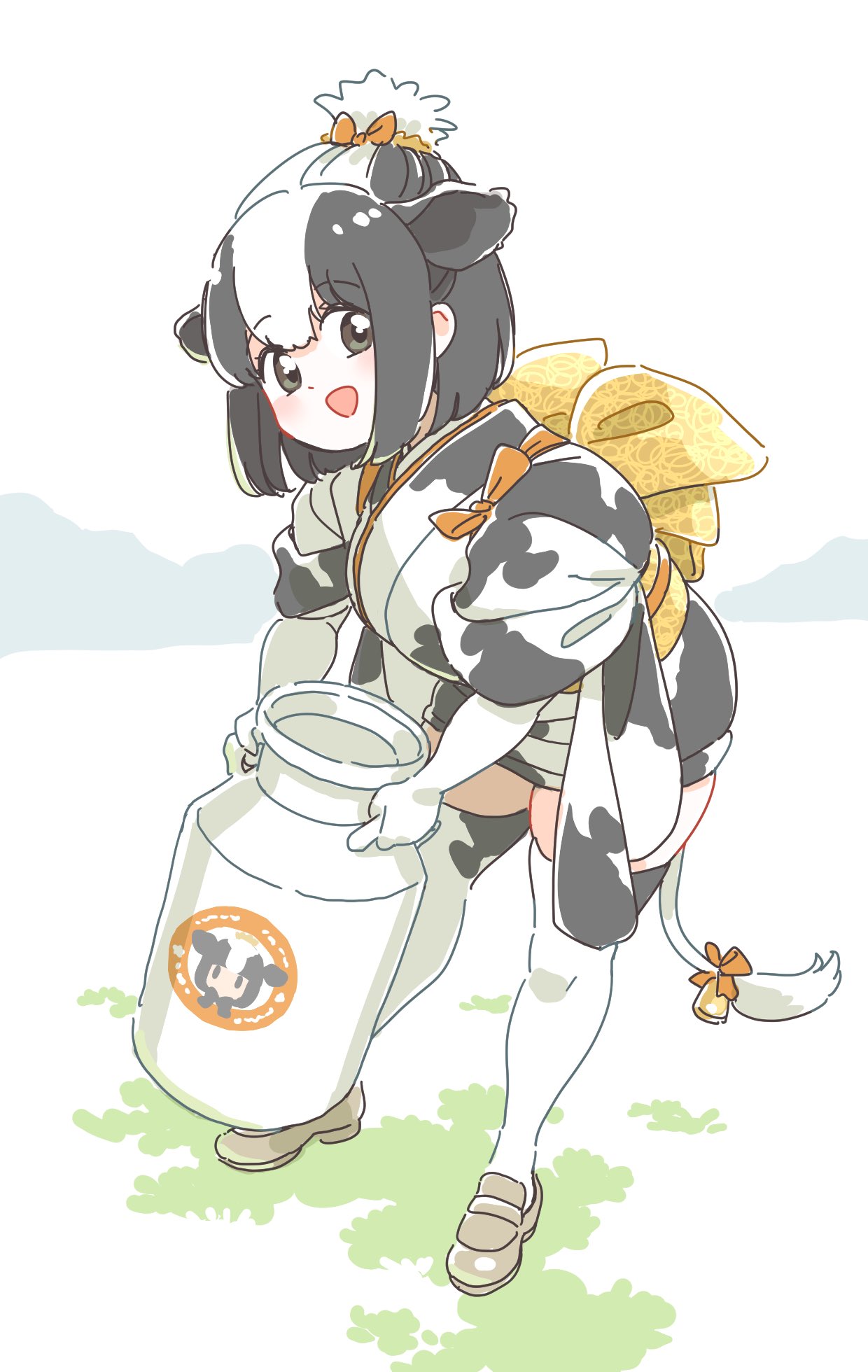 alternate_costume animal_ears animal_print back_bow bell black_hair blush bow chinese_zodiac commentary_request cow_ears cow_girl cow_print cow_tail double_bun elbow_gloves extra_ears eyebrows_visible_through_hair gloves hair_bow highres holstein_friesian_cattle_(kemono_friends) japanese_clothes kemono_friends kimono loafers looking_at_viewer mitsumoto_jouji multicolored_hair new_year orange_bow print_kimono print_legwear shoes short_hair tail tail_bell tail_bow tail_ornament thigh-highs two-tone_hair white_gloves white_hair year_of_the_ox zettai_ryouiki