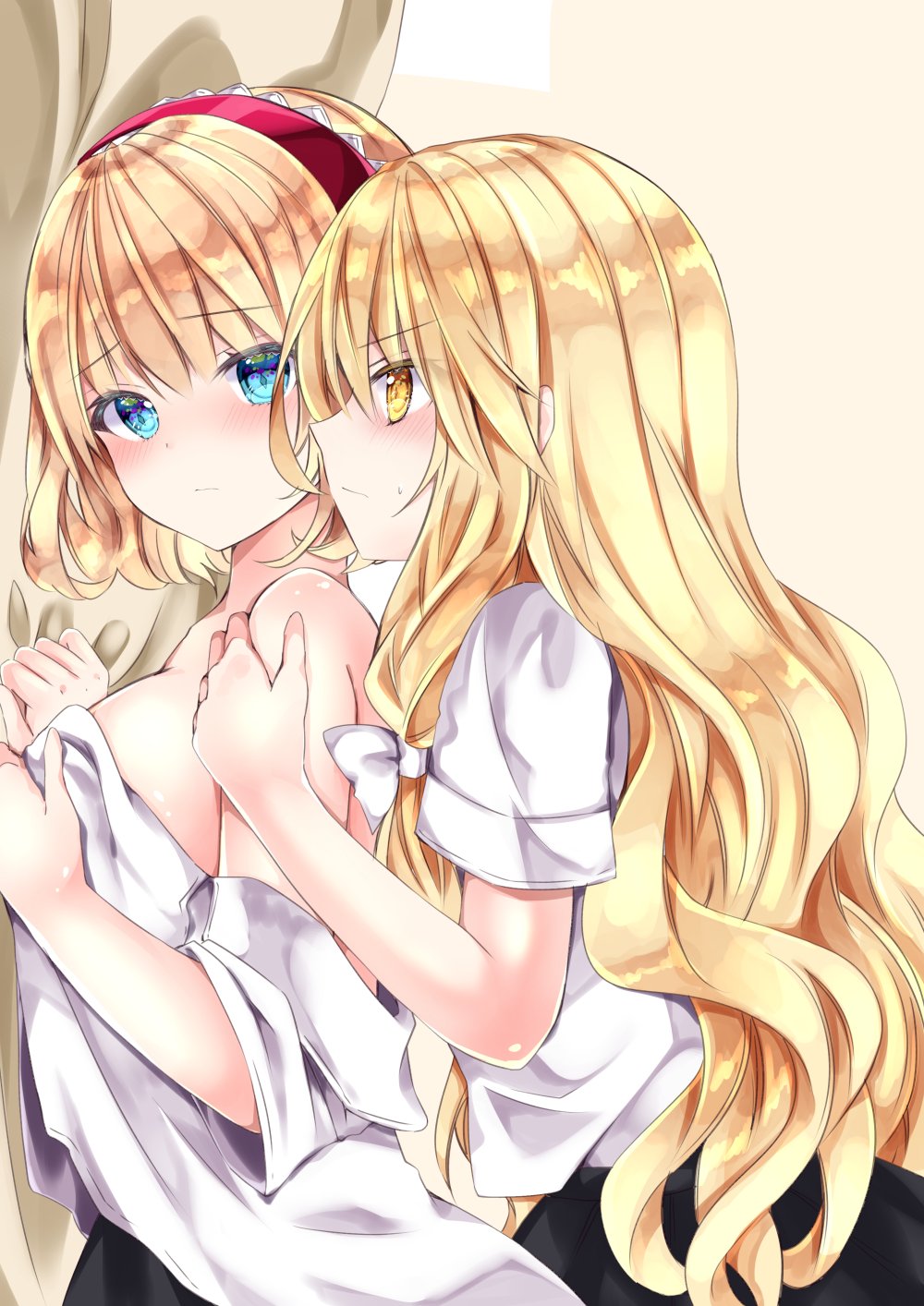 2girls :/ alice_margatroid alternate_costume bangs bare_shoulders beige_background black_skirt blonde_hair blue_eyes blush bow braid breasts closed_mouth commentary_request covering covering_breasts curtain_grab curtains eyebrows_visible_through_hair from_side hair_bow hair_ribbon hairband hand_on_another's_shoulder highres kirisame_marisa large_breasts lolita_hairband long_hair looking_at_another multiple_girls nanase_nao no_hat no_headwear nose_blush off_shoulder profile red_hairband ribbon shiny shiny_hair shirt short_hair short_sleeves side_braid simple_background single_braid skirt touhou tress_ribbon undressing upper_body v-shaped_eyebrows very_long_hair wavy_hair white_bow white_shirt yellow_eyes yuri