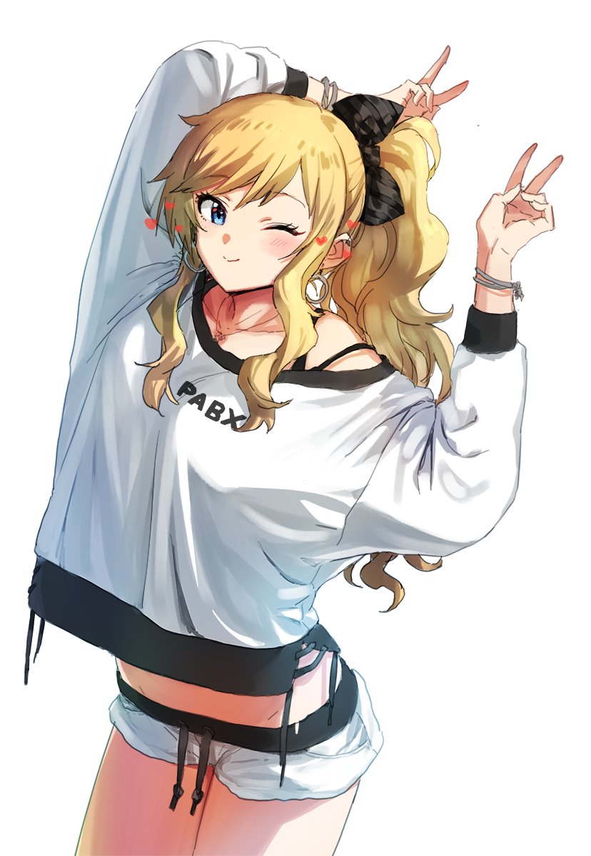 1girl ;) alternate_costume arms_up bangs black_bow black_shorts blonde_hair blue_eyes blush bow breasts collarbone commentary_request cowboy_shot double_v dutch_angle goshiki_suzu hair_bow heart highres idolmaster idolmaster_cinderella_girls leaning_forward long_hair long_sleeves looking_at_viewer medium_breasts midriff_peek off_shoulder one_eye_closed ootsuki_yui short_shorts shorts simple_background single_bare_shoulder smile solo striped striped_bow v wavy_hair white_background white_shorts