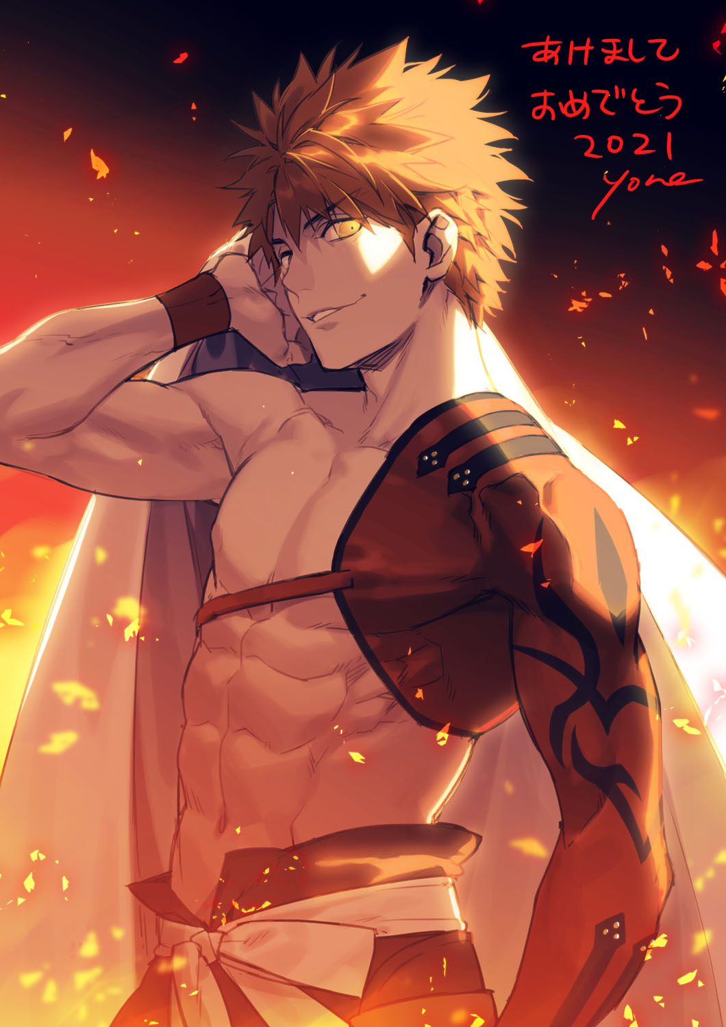 1boy dated embers emiya_shirou fate/grand_order fate_(series) fire from_side highres igote kazuki_yone limited/zero_over looking_at_viewer male_focus muscular orange_hair sengo_muramasa_(fate) signature smile solo upper_body wristband yellow_eyes