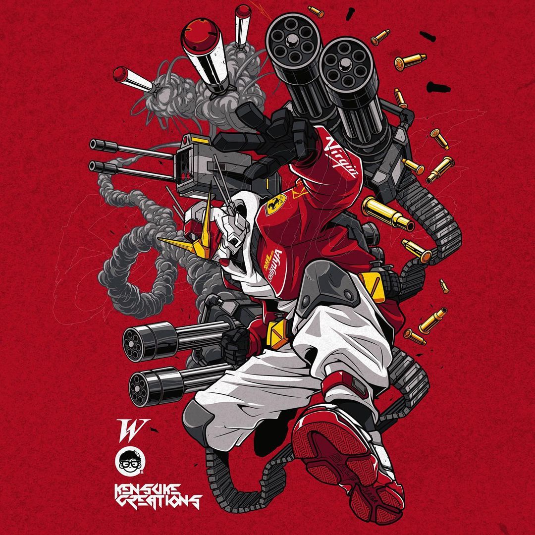 artist_name chain_gun clenched_hand fashion ferrari gundam gundam_heavyarms gundam_wing hood hoodie jacket jumping kensuke_creations looking_down mecha missile missile_pod no_humans open_hand pants radio_antenna red_background red_jacket shell_casing shoes sneakers solo sweatpants v-fin white_hoodie white_pants yellow_eyes