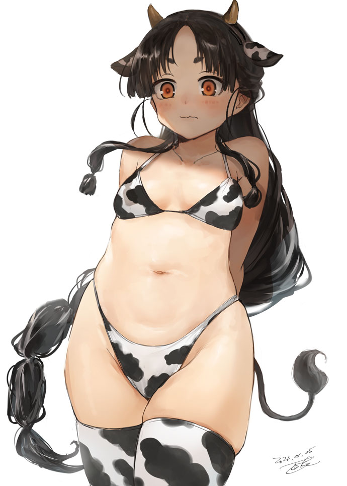 1girl animal_ears animal_print arms_behind_back bangs bikini black_hair blush breasts closed_mouth commentary cow_ears cow_horns cow_print cow_tail highleg highleg_bikini horns kantai_collection long_hair low-tied_long_hair nisshin_(kantai_collection) orange_eyes short_eyebrows simple_background small_breasts solo swimsuit tail thigh-highs toka_(marchlizard) very_long_hair wavy_mouth white_background