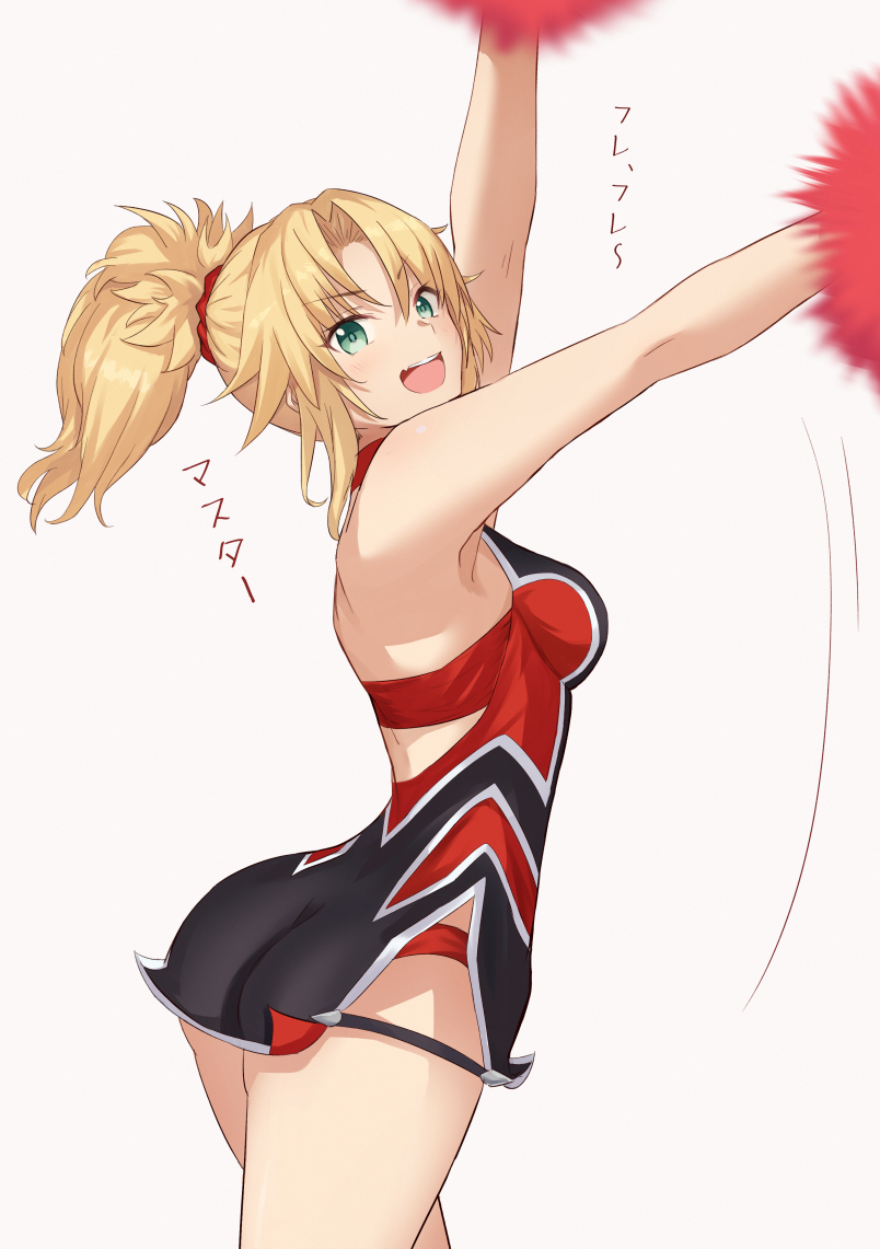 1girl akatsuki_ikki arms_up ass blonde_hair breasts cheerleader dress fate/apocrypha fate_(series) mordred_(fate)_(all) open_mouth ponytail scrunchie short_dress solo