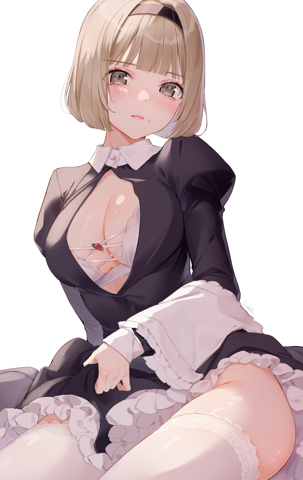 1girl black_dress black_hairband blonde_hair blush bra breasts brown_eyes center_opening closed_mouth collared_dress dress dress_lift frilled_dress frills hairband highres juliet_sleeves lifted_by_self long_sleeves looking_at_viewer maid medium_breasts mole mole_under_mouth original puffy_sleeves shiny shiny_skin shiratama_akane short_hair simple_background thigh-highs underwear white_background white_bra white_legwear