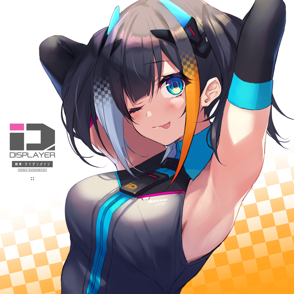 1girl :3 :p arm_warmers armpits arms_behind_head arms_up bare_shoulders blue_eyes breasts checkered checkered_background collared_shirt displayer fukai_ryosuke gradient gradient_background grey_shirt hair_ornament long_hair looking_at_viewer medium_breasts multicolored_hair naughty_face one_eye_closed rinka_raizenbain shirt sidelocks sleeveless sleeveless_shirt smile solo tongue tongue_out twintails two-tone_hair upper_body virtual_youtuber white_background