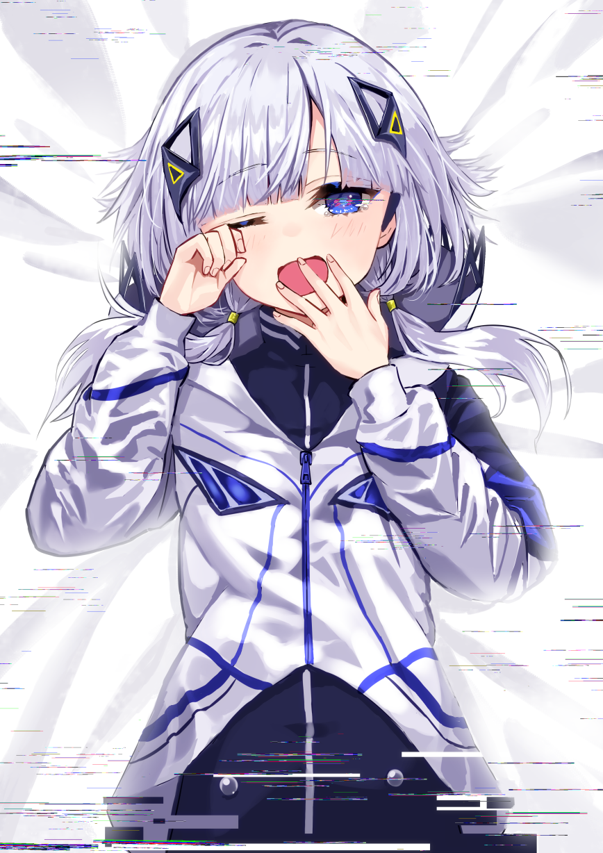 1girl bangs bed blue_eyes blush character_request copyright_request eyebrows_visible_through_hair glitch hair_ornament highres jacket kuronosu_(yamada1230) long_hair long_sleeves looking_at_viewer one_eye_closed open_mouth solo white_hair yawning
