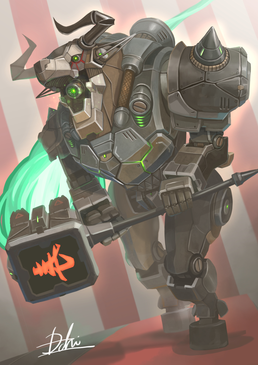 chinese_zodiac green_eyes hammer highres holding holding_hammer horns hukutuuprunes looking_down mecha no_humans open_mouth original science_fiction solo year_of_the_ox