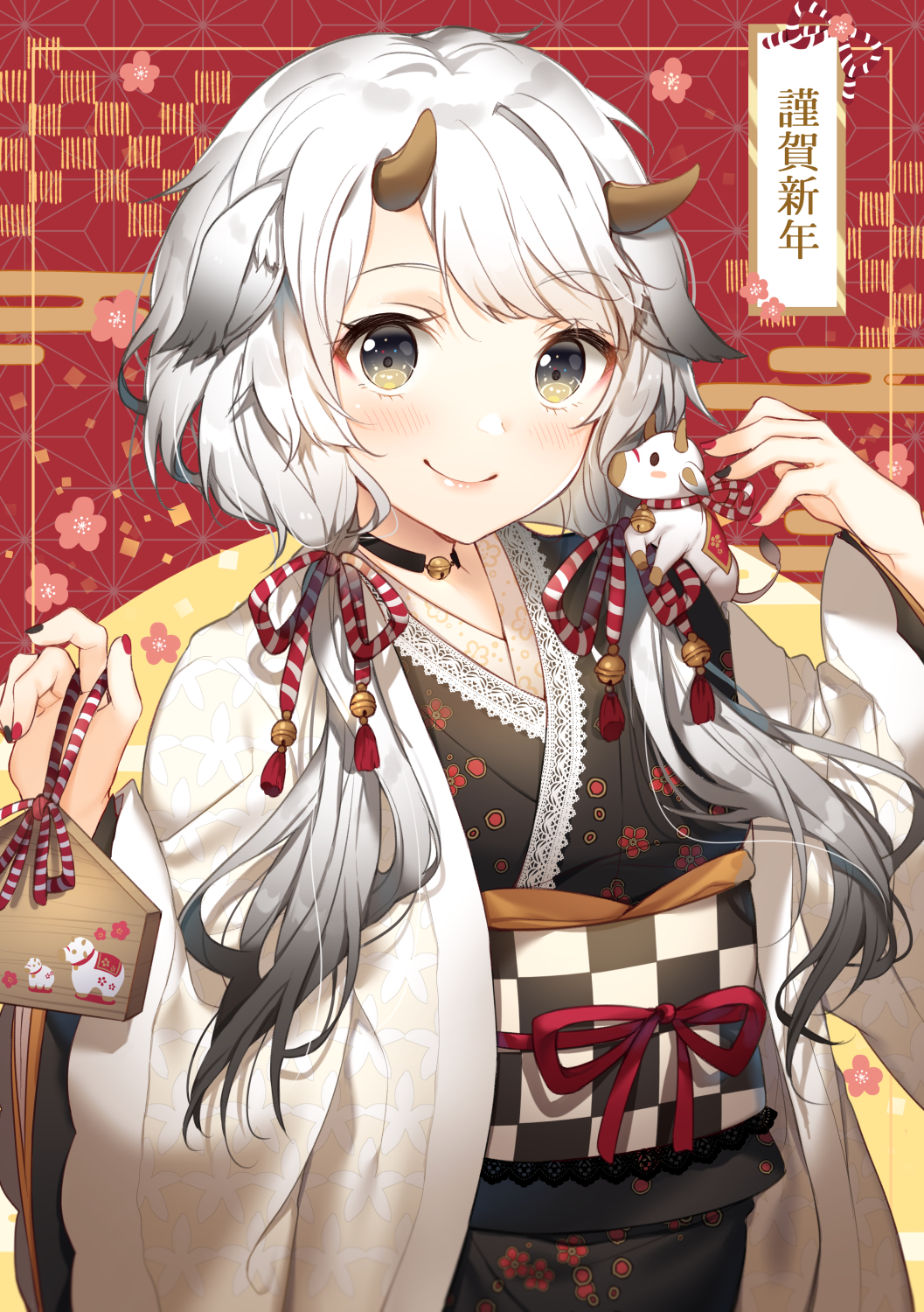 1girl animal_ears animal_on_shoulder asa_no_ha_(pattern) bangs bell bell_choker blush choker closed_mouth commentary_request cow cow_ears cow_girl cow_horns egasumi ema eyebrows_visible_through_hair gradient_hair hair_bell hair_ornament hair_over_shoulder hands_up highres hiiragi_souren horns japanese_clothes kimono long_hair long_sleeves looking_at_viewer low_twintails multicolored_hair nail_polish new_year obi original sash smile solo swept_bangs translation_request twintails unmoving_pattern upper_body wide_sleeves