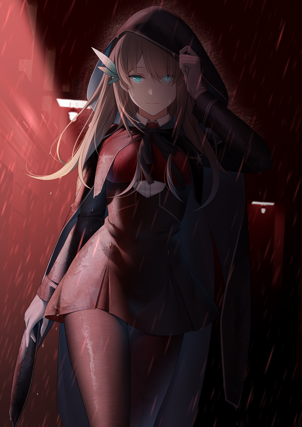 1girl black_legwear blonde_hair blue_eyes breasts cape gloves hair_between_eyes hair_ornament highres hood large_breasts lexington_(cv-16)_(warship_girls_r) looking_at_viewer pantyhose rain thick_thighs thighs warship_girls_r wet wet_clothes white_gloves zhixiang_zhi