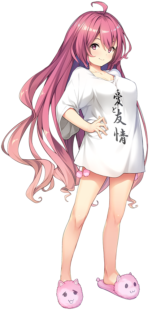 1girl ahoge bangs clothes_writing full_body gradient_hair hand_on_hip hibikino-san-chi_wa_eroge-ya-san! hibikino_yukari long_hair looking_at_viewer loose_clothes loose_shirt multicolored_hair official_art pink_hair purple_hair sawayaka_samehada shirt sleeves_past_elbows slippers smile solo standing transparent_background two-tone_hair very_long_hair violet_eyes white_shirt