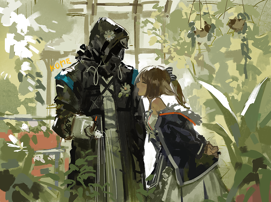 1boy 1girl animal_ears arknights arms_behind_back artist_name black_coat blue_jacket blush bow breasts brown_hair closed_eyes coat cowboy_shot doctor_(arknights) dress fox_ears frischenq from_side fur-trimmed_jacket fur_trim greenhouse hair_bow hooded_coat jacket leaning_forward medium_breasts medium_hair off-shoulder_dress off_shoulder open_clothes open_jacket open_mouth perfumer_(arknights) plant ponytail profile signature smile striped striped_bow symbol_commentary watering watering_can white_dress