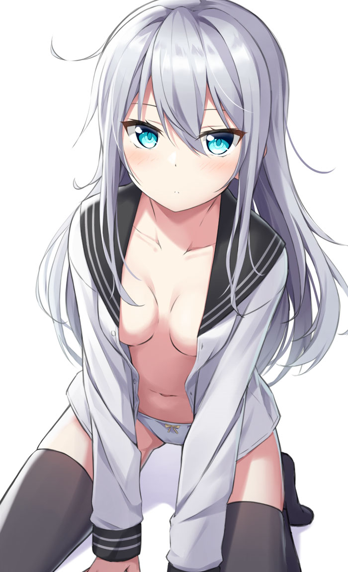1girl black_legwear black_sailor_collar blue_eyes blush breasts closed_mouth collarbone eyebrows_visible_through_hair hair_between_eyes hibiki_(kantai_collection) kantai_collection kohakope long_hair long_sleeves open_clothes open_shirt panties sailor_collar sailor_shirt shirt silver_hair simple_background small_breasts solo thigh-highs underwear verniy_(kantai_collection) white_background white_panties white_shirt