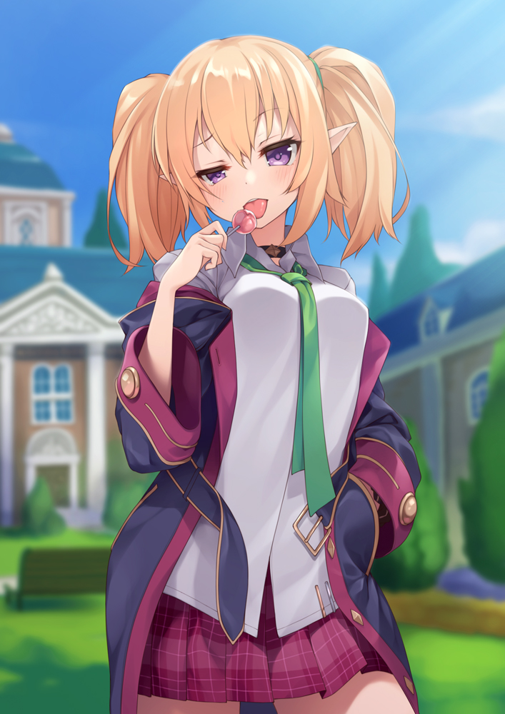1girl :p bangs blonde_hair blurry blurry_background blush breasts candy chloe_(princess_connect!) collared_shirt commentary_request cowboy_shot day depth_of_field food green_neckwear hand_in_pocket hand_up holding jacket lollipop long_hair long_sleeves looking_at_viewer mofu_namako necktie off_shoulder open_clothes open_jacket open_mouth plaid plaid_skirt pleated_skirt pointy_ears princess_connect! princess_connect!_re:dive purple_skirt red_skirt shirt skirt solo tongue tongue_out twintails untucked_shirt violet_eyes
