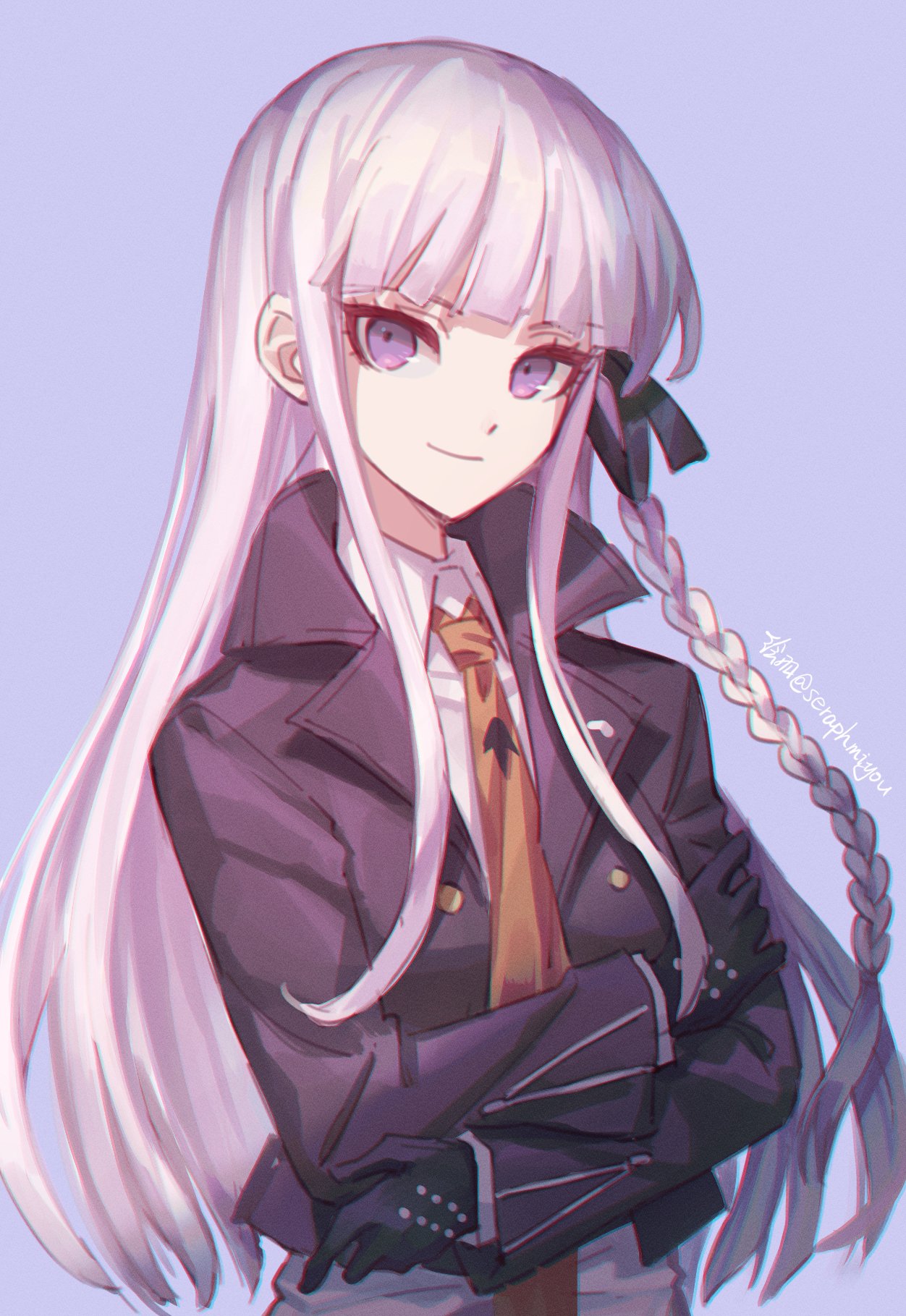 1girl bangs black_gloves black_ribbon blunt_bangs braid breasts collared_shirt commentary_request crossed_arms dangan_ronpa:_trigger_happy_havoc dangan_ronpa_(series) ewa_(seraphhuiyu) gloves hair_ornament hair_ribbon highres jacket kirigiri_kyouko long_hair looking_at_viewer medium_breasts necktie open_clothes open_jacket orange_neckwear pink_background purple_jacket ribbon shirt silver_hair simple_background single_braid skirt smile solo standing upper_body violet_eyes