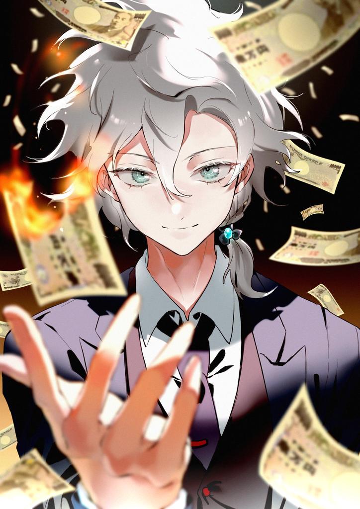 1boy black_background black_neckwear black_vest blue_jacket blurry blurry_foreground burning collared_shirt commentary_request dangan_ronpa_(series) dangan_ronpa_2:_goodbye_despair depth_of_field gradient gradient_background grey_eyes grey_hair hair_between_eyes hair_ornament hand_up jacket komaeda_nagito long_sleeves looking_at_viewer male_focus messy_hair money necktie red_background shirt short_ponytail silver_hair smile solo tuteurfars_shin upper_body vest