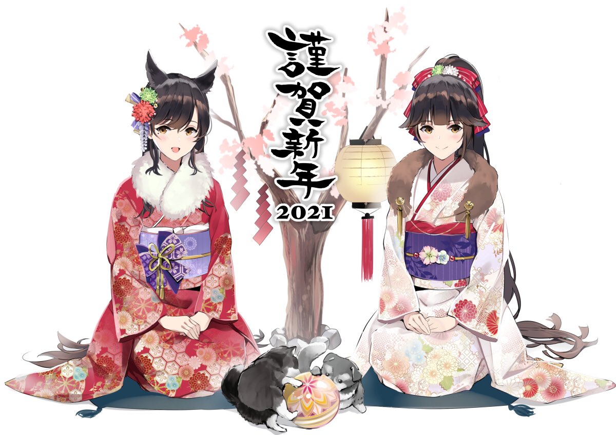 2girls alternate_costume animal animal_ears ann_(ann58533111) atago_(azur_lane) azur_lane black_hair blush closed_mouth dog dog_ears hair_ornament hand_on_own_knee japanese_clothes kimono long_hair looking_at_viewer multiple_girls new_year open_mouth ponytail sitting smile takao_(azur_lane) white_background yellow_eyes