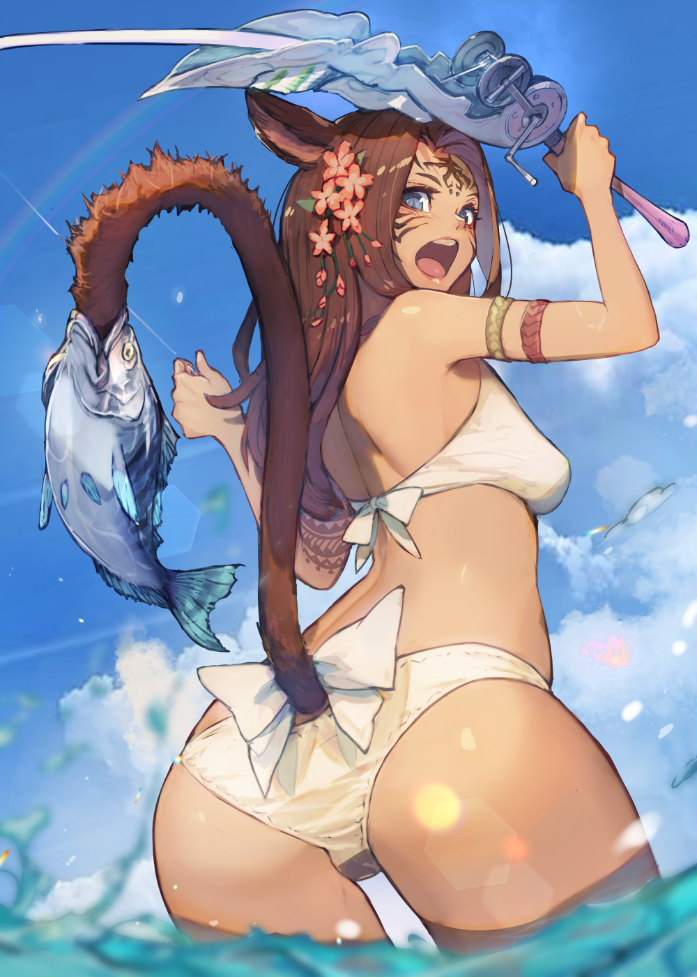 1girl animal_ears arm_strap arm_tattoo ass bikini blue_eyes breasts brown_hair cat_ears cat_tail day facial_mark final_fantasy final_fantasy_xiv fish fishing fishing_rod flower from_behind hair_flower hair_ornament hide_(hideout) highres long_hair looking_at_viewer looking_back miqo'te open_mouth outdoors slit_pupils small_breasts solo swimsuit tail tattoo water whisker_markings white_bikini