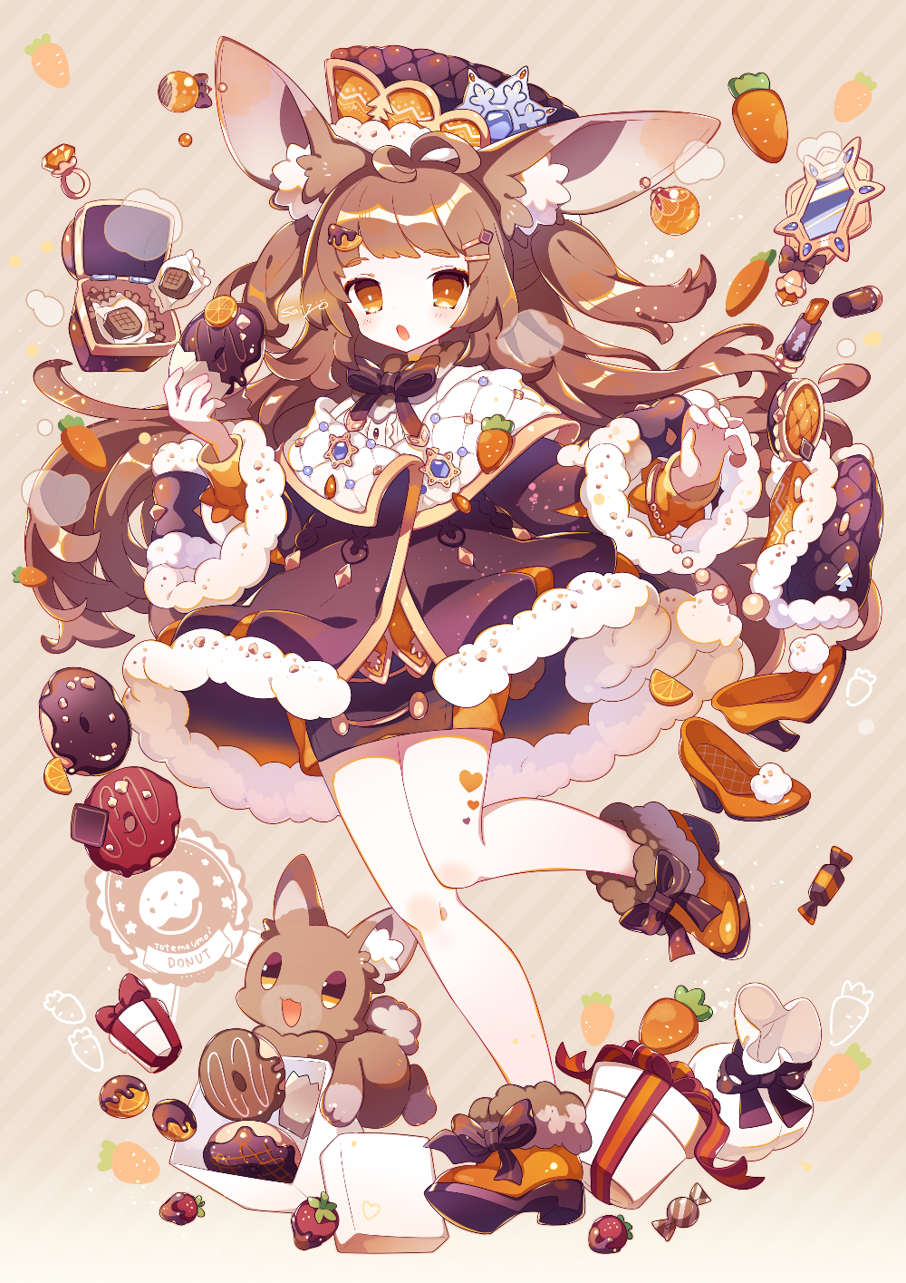 1girl animal animal_ear_fluff animal_ears antenna_hair bangs blush bow bowtie brown_hair bunny_tail candy carrot commentary_request cosmetics doughnut eyebrows_visible_through_hair food fruit full_body fur-trimmed_footwear fur-trimmed_jacket fur-trimmed_sleeves fur_trim gift hair_ornament hairclip hat high_heels highres holding holding_food jacket jewelry lipstick_tube long_hair long_sleeves looking_at_viewer mirror no_nose open_mouth orange orange_eyes orange_footwear orange_slice original rabbit rabbit_ears ring saijo1201 signature solo strawberry striped striped_background tail two_side_up very_long_hair