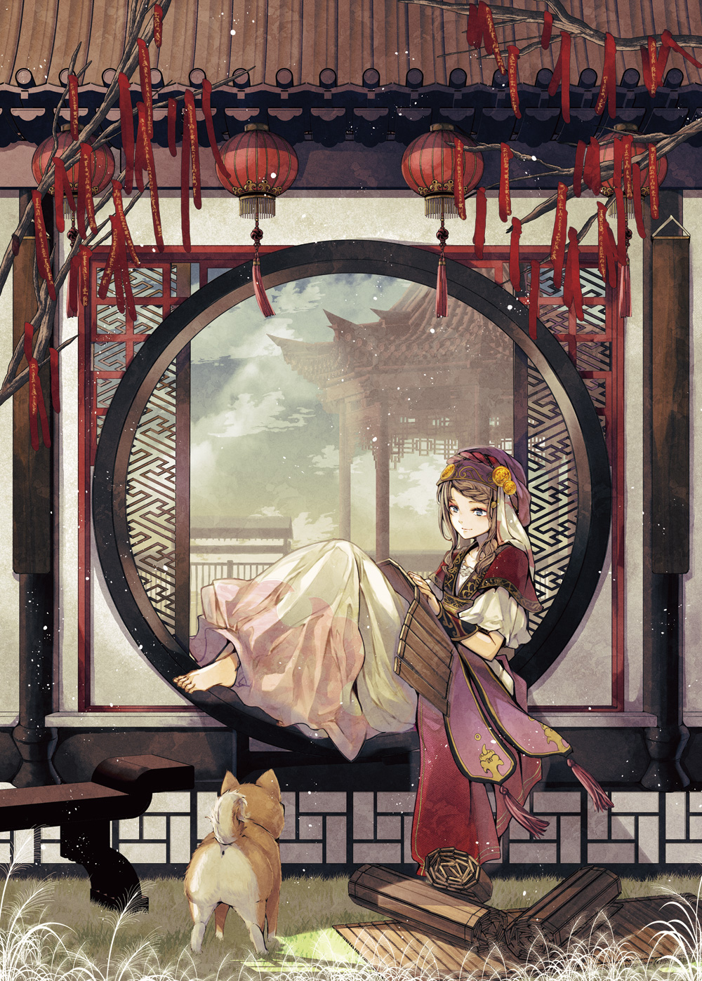 1girl architecture bamboo_scroll barefoot bench blue_eyes braid brown_hair capelet commentary_request dog dress east_asian_architecture grass headdress highres long_hair original red_capelet sitting takeda_hotaru traditional_clothes white_dress wide_shot