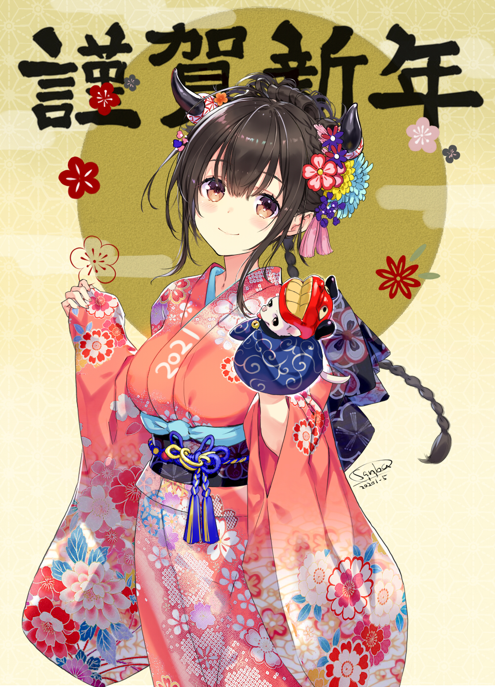 1girl 2021 bangs black_hair blue_flower braid breasts brown_background brown_eyes chihuahua chinese_zodiac clothes_writing commentary_request cow_horns egasumi floral_print flower hair_between_eyes hair_flower hair_ornament hands_up highres horns japanese_clothes kimono medium_breasts nengajou new_year obi original pinching_sleeves pink_kimono print_kimono purple_flower red_flower sanbasou sash solo translation_request wide_sleeves year_of_the_ox yellow_flower