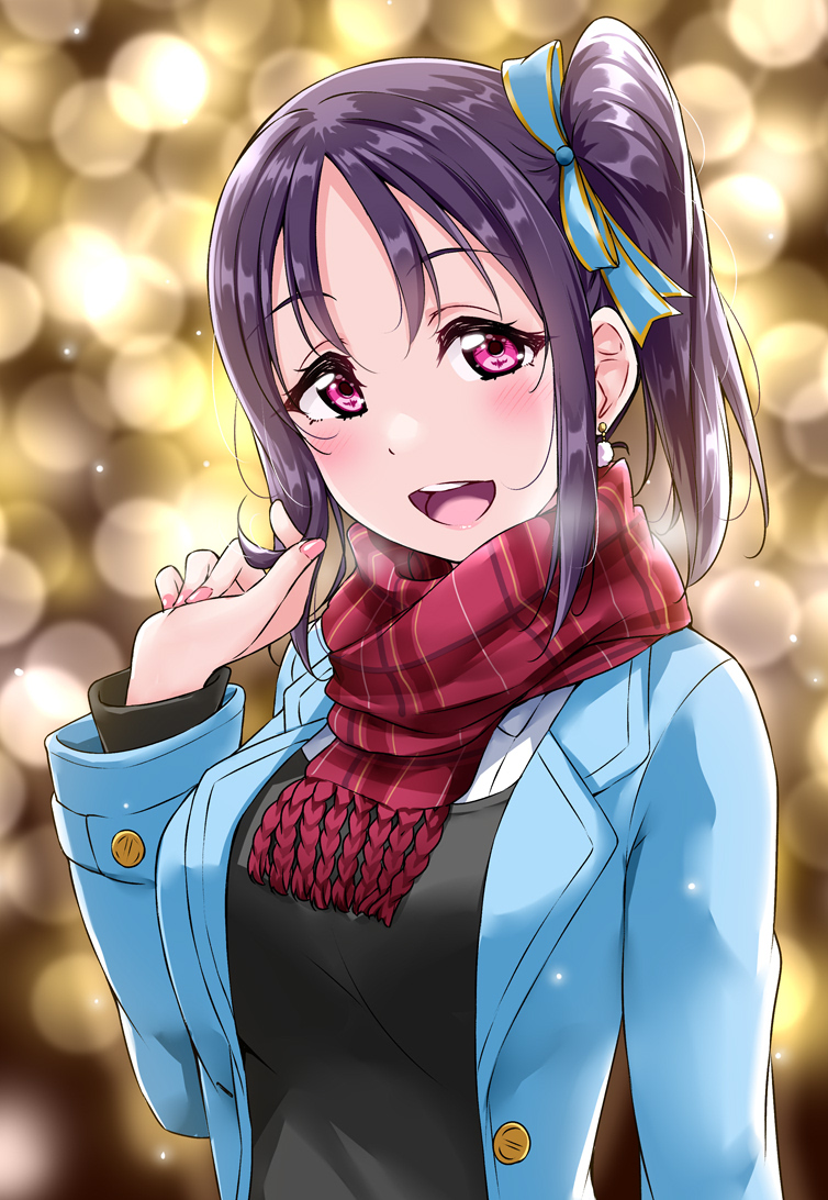 1girl :d bangs black_shirt blue_jacket blue_ribbon blurry blurry_background blush breasts earrings hair_ribbon hair_twirling hand_in_hair jacket jewelry kazuno_sarah large_breasts light_particles long_sleeves looking_at_viewer love_live! love_live!_sunshine!! nail_polish open_clothes open_jacket open_mouth outdoors purple_hair red_scarf ribbon scarf shirt side_ponytail sidelocks smile solo upper_body upper_teeth violet_eyes yopparai_oni