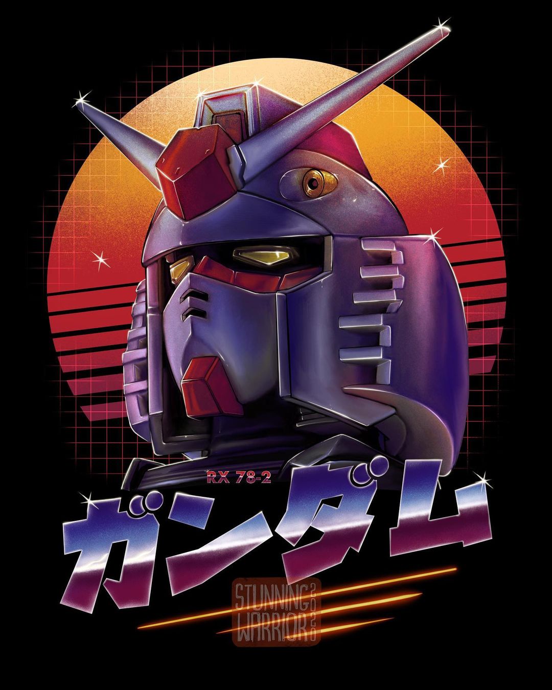 1980s_(style) artist_name character_name english_commentary gundam head_only highres looking_up mecha mobile_suit_gundam no_humans retro_artstyle rx-78-2 science_fiction shiny solo stunning_warrior v-fin watermark yellow_eyes