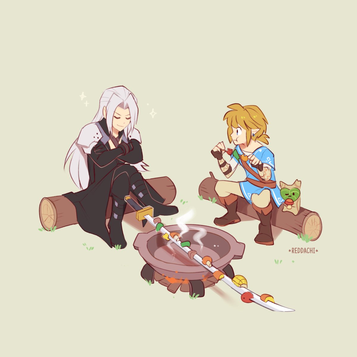 2boys armor blonde_hair boots closed_eyes cooking crossed_arms crossover final_fantasy final_fantasy_vii fire food full_body gameplay_mechanics gloves highres link long_hair masamune_(ffvii) multiple_boys pointy_ears ponytail reddachi sephiroth super_smash_bros. sword the_legend_of_zelda the_legend_of_zelda:_breath_of_the_wild weapon