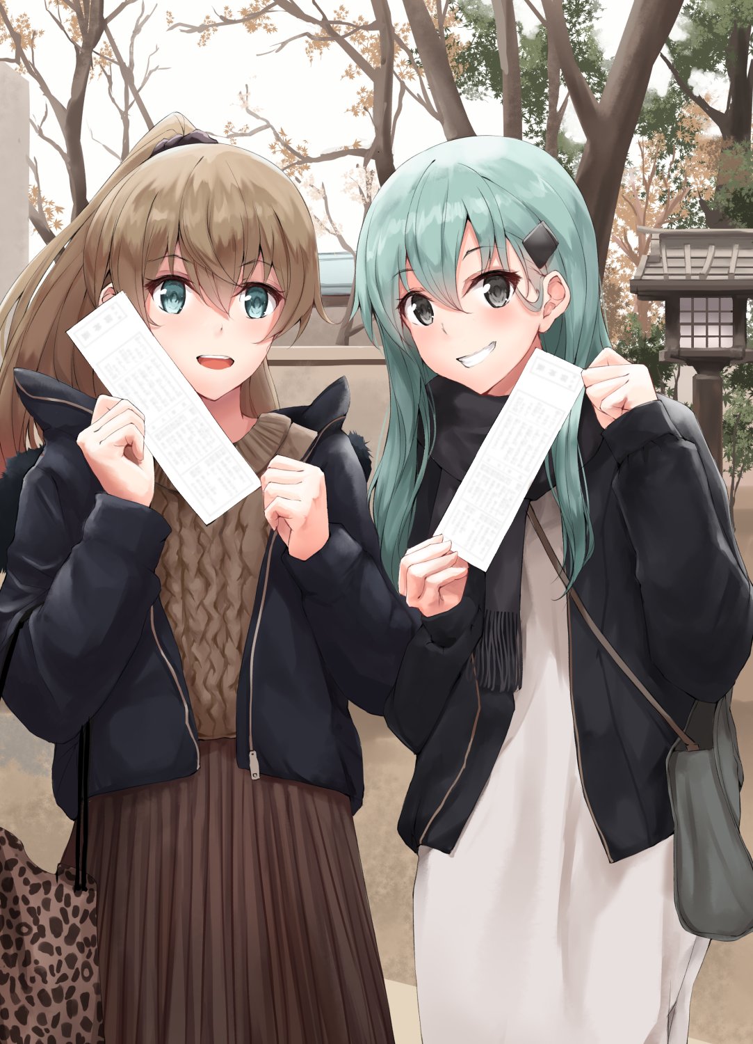 2girls alternate_costume aqua_hair black_eyes black_jacket blue_eyes brown_hair brown_skirt brown_sweater commentary_request contemporary cowboy_shot dress grin hair_ornament hairclip highres jacket k_jie kantai_collection kumano_(kantai_collection) long_hair looking_at_viewer multiple_girls open_mouth outdoors paper pleated_skirt ponytail skirt smile suzuya_(kantai_collection) sweater white_dress