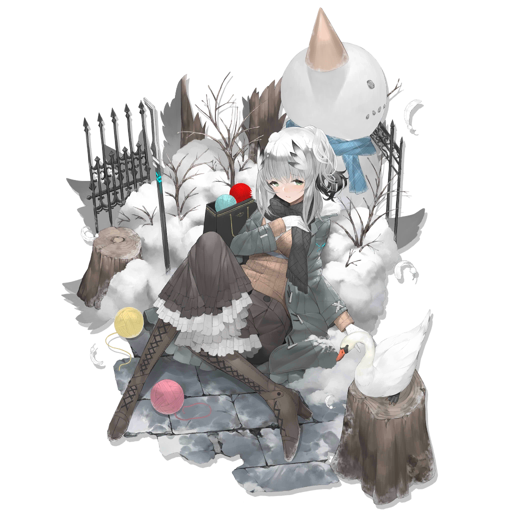 1girl arknights bibeak_(arknights) bibeak_(gentle_velvet)_(arknights) bird black_skirt boots gloves goose grey_eyes grey_footwear grey_jacket high_heel_boots high_heels jacket long_sleeves official_alternate_costume official_art open_clothes open_jacket petticoat rayvon short_hair silver_hair skirt snow snowman solo transparent_background white_gloves yarn yarn_ball