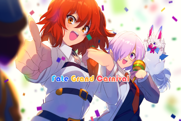 1other 2girls blush breasts buckle carnival_phantasm carrot chaldea_uniform cis05 commentary_request confetti copyright_name creature dancing eyebrows_visible_through_hair fate/grand_order fate_(series) fou_(fate/grand_order) fujimaru_ritsuka_(female) glasses hair_between_eyes hair_over_one_eye holding jacket long_sleeves mash_kyrielight medium_breasts multiple_girls necktie open_mouth orange_eyes orange_hair pink_hair pointing pointing_at_viewer red_neckwear short_hair simple_background smile super_affection uniform violet_eyes white_background