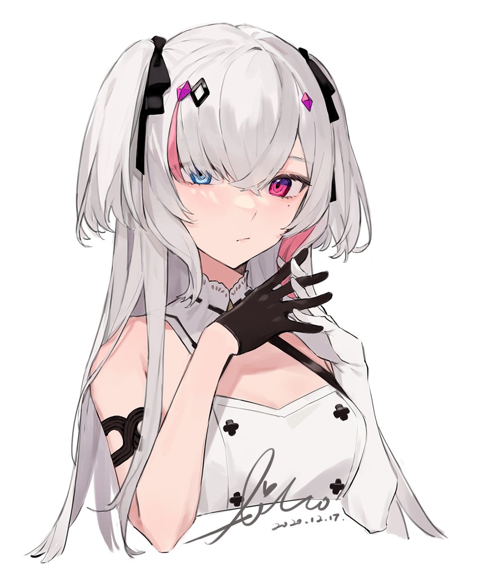 1girl aiko_(kanl) arm_strap asymmetrical_gloves bangs bare_shoulders black_gloves black_ribbon closed_mouth collar crossed_bangs dress elbow_gloves eyebrows_visible_through_hair gloves hair_between_eyes hair_ornament hair_over_one_eye hair_ribbon hairclip halterneck hecatia_(vtuber) heterochromia indie_virtual_youtuber interlocked_fingers long_hair looking_at_viewer mismatched_gloves mole mole_under_eye multicolored_hair official_art pink_hair ribbon simple_background single_elbow_glove solo streaked_hair two_side_up upper_body white_background white_collar white_dress white_gloves white_hair
